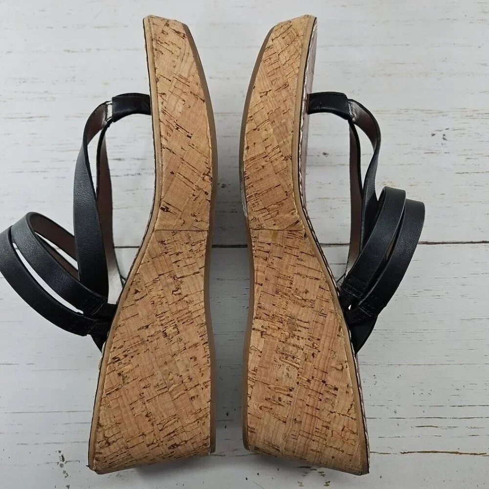 Sam‎ Edelman Sandals Womens 11 Black Rasha Comfort Strappy Cork Wedge Slip On